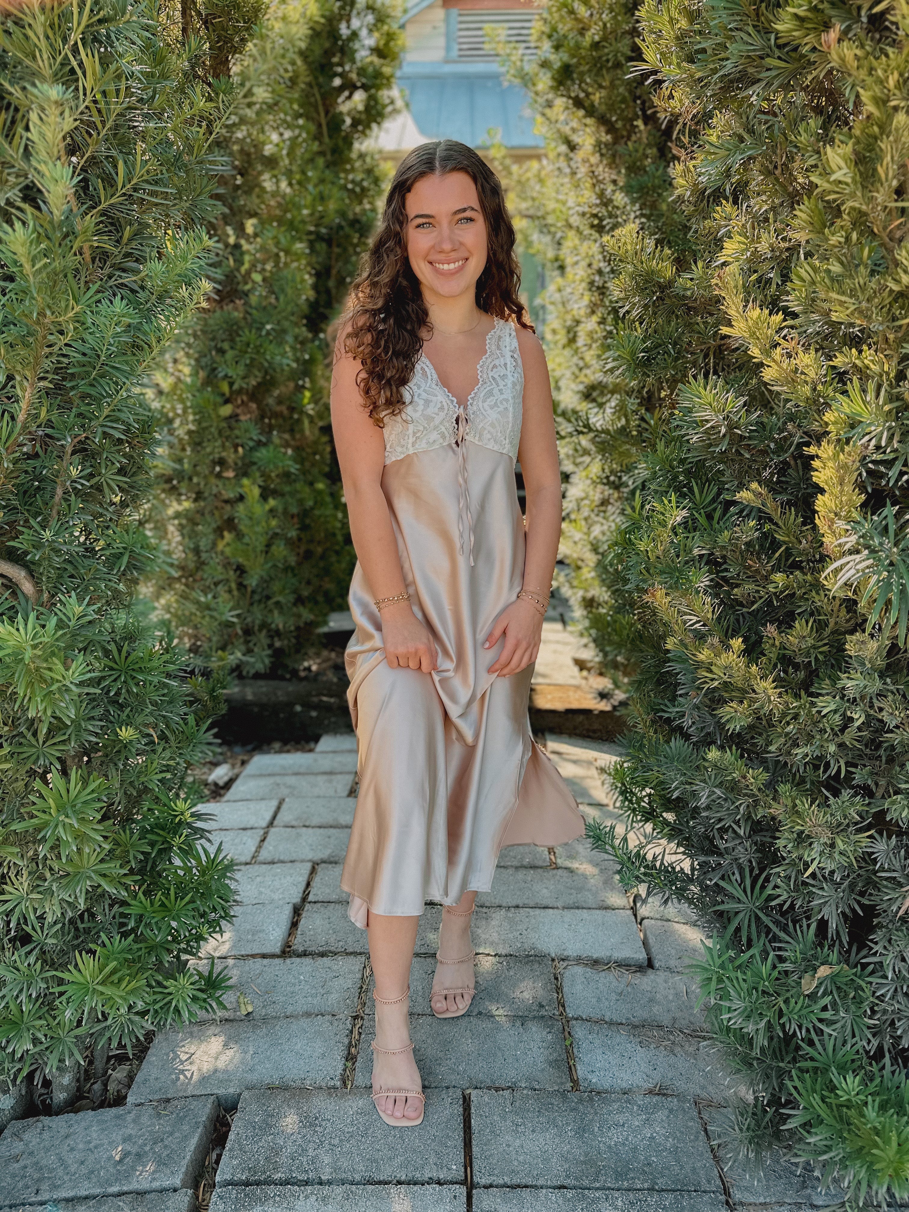 Freya” Satin Effect Lace Slip Dress With Side Slit and Front Bow – Cottage  Under the Oaks