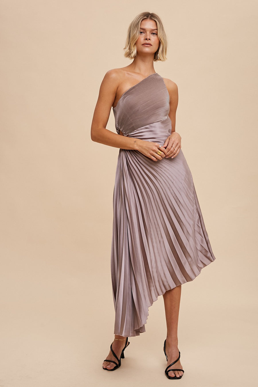 “Ingrid” Pleated One Shoulder Asymmetrical Dress