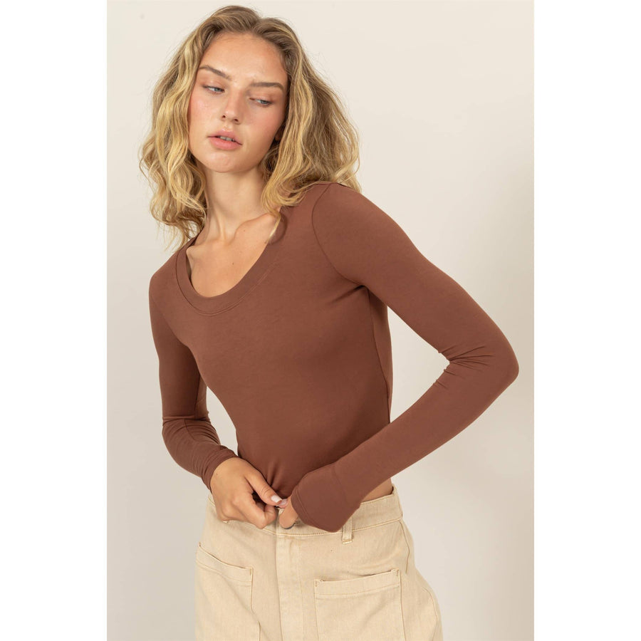 “Diana” Cropped Scoop Neck Long Sleeve Top In Brown