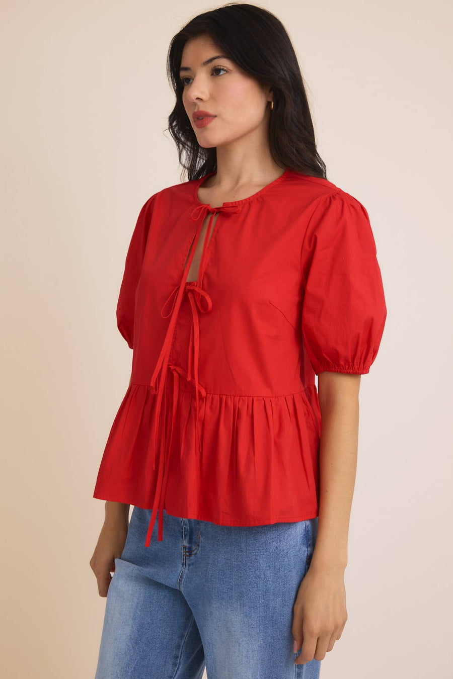 “Darla” Front Ties Puff Half Sleeve Blouse