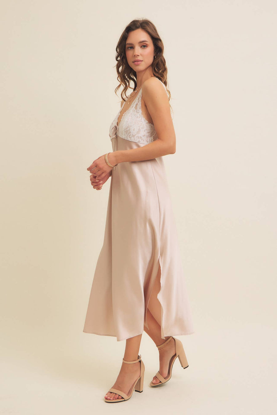 “Freya” Satin Effect Lace Slip Dress With Side Slit and  Front Bow