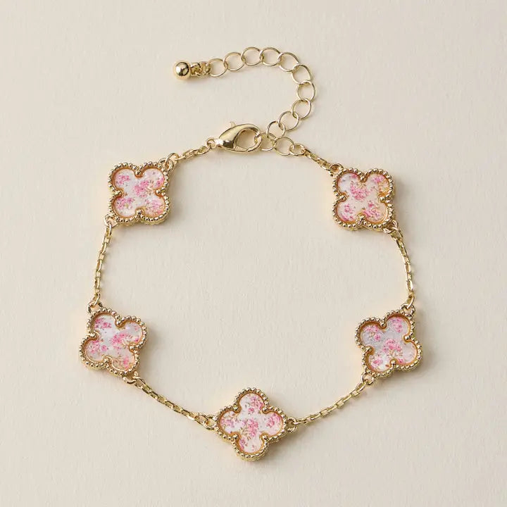 Pink Floral & Gold Clover Charm Bracelet