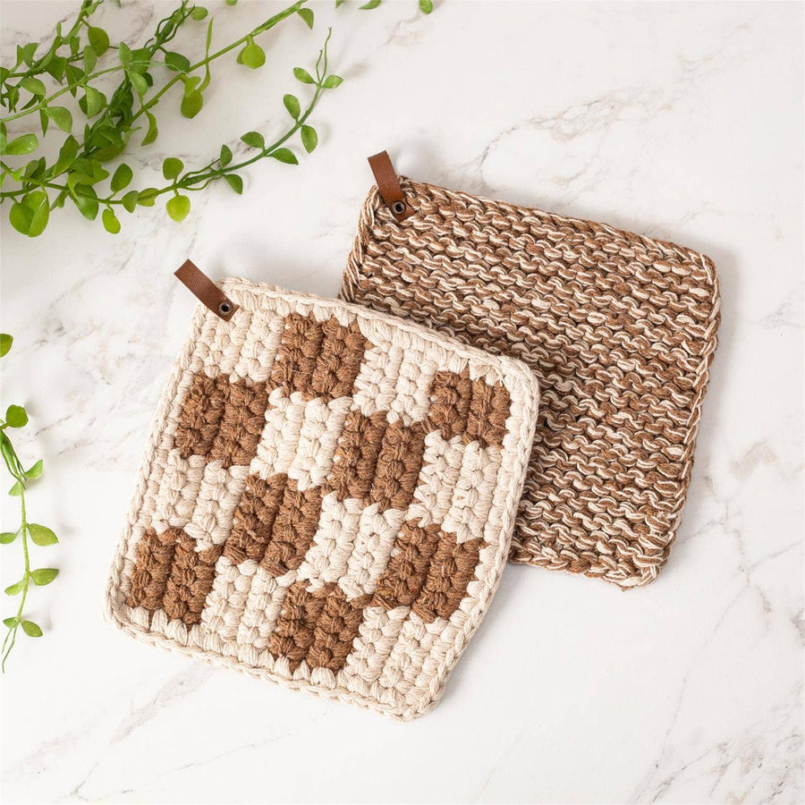 Knitted Pot Holder -Brown and Cream