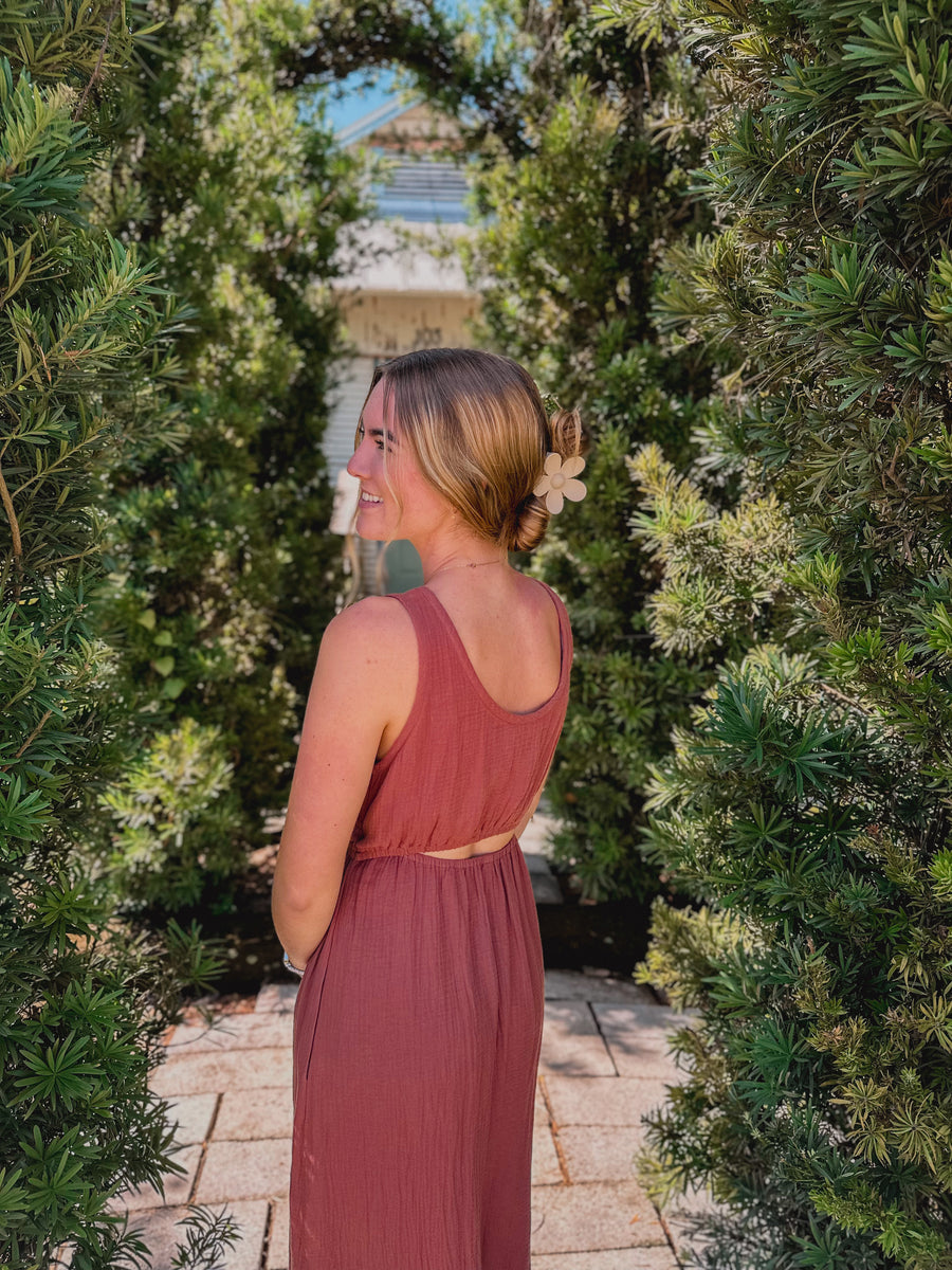 “Darci” Everyday Terracotta Dress Open Back