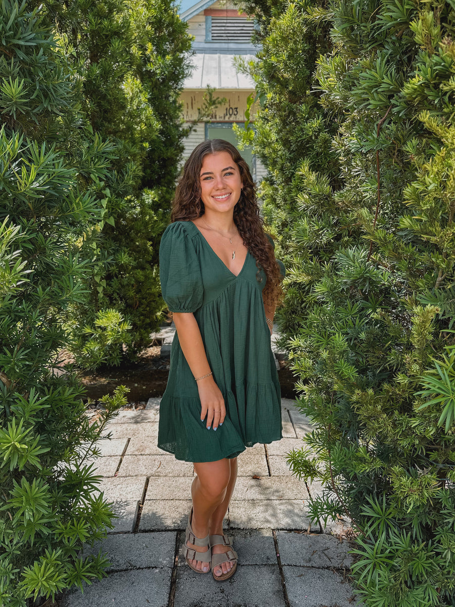 “Penny” Green Mini Linen Dress