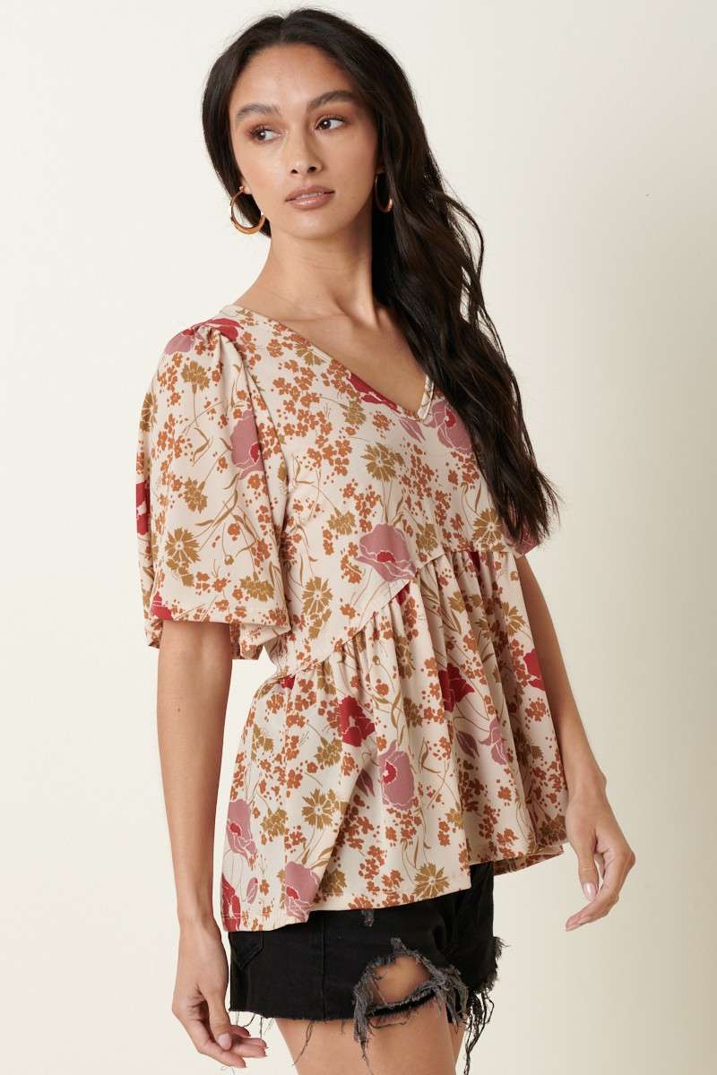 “Delilah” Flower Print V-Neck Baby Doll Top