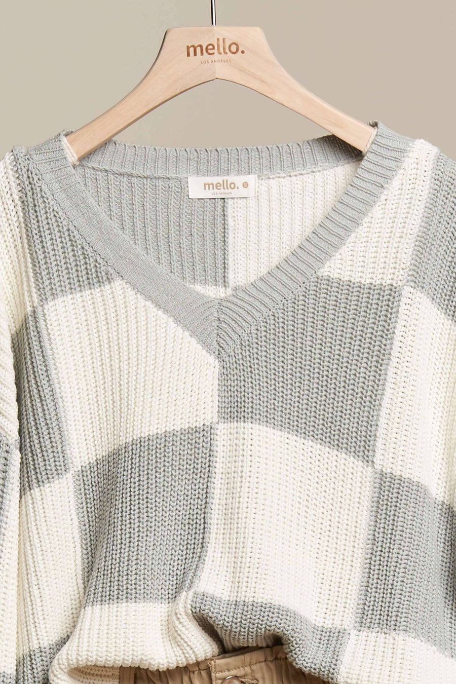 “Cheyenne” V-Neck Checkered Knit Sweater