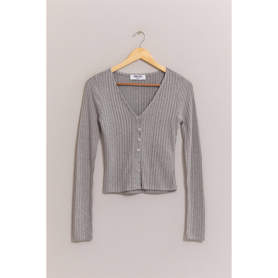 “Deanna” Grey Ribbed Button Front Top