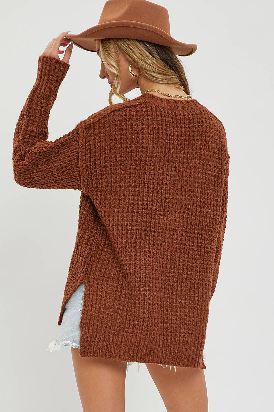 “Maeve” Chunky Knit Rust High Low Sweater