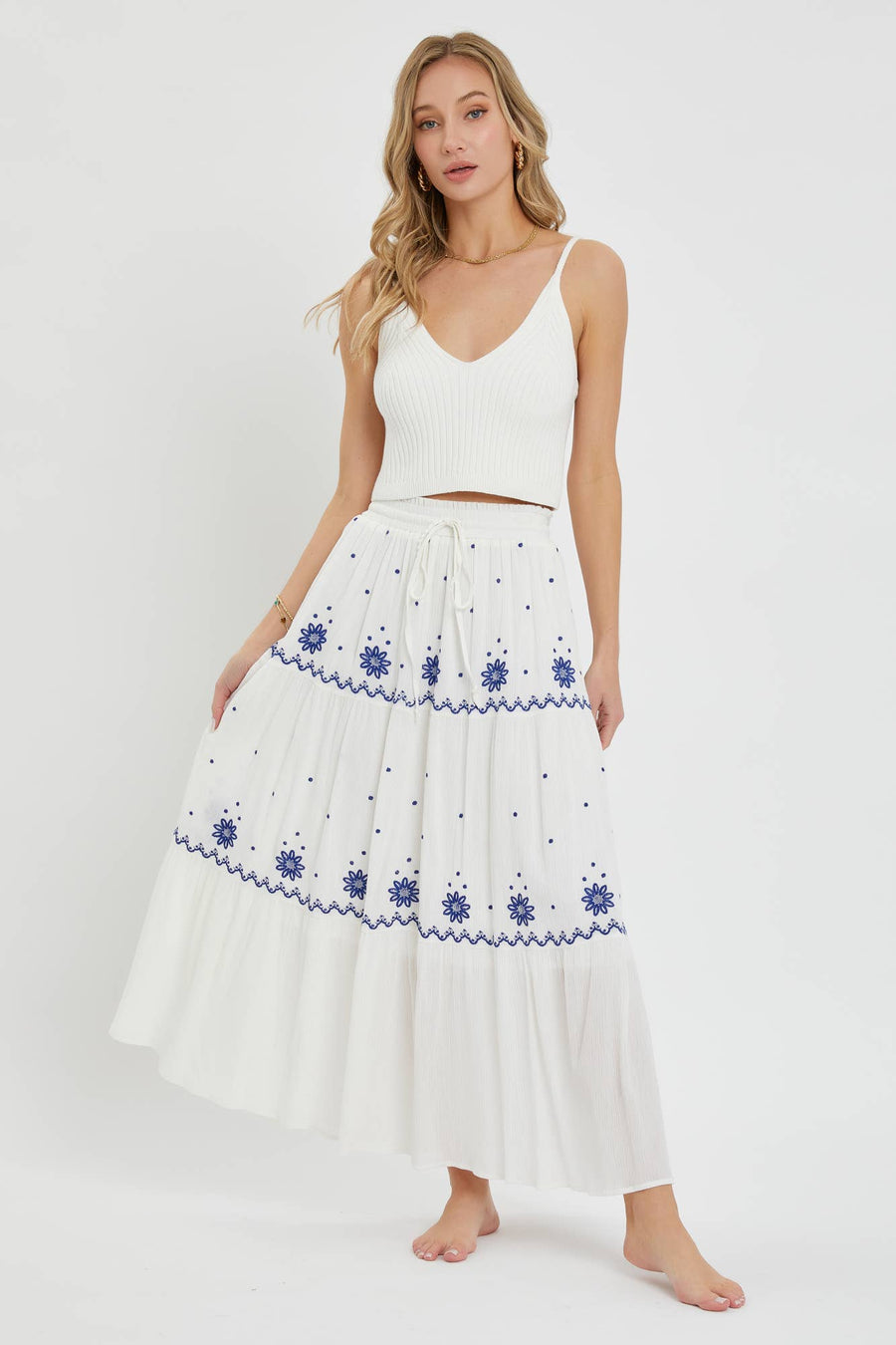 “Emilie” Embroidered Flowers Flowy Maxi Skirt Blue Willow Collection