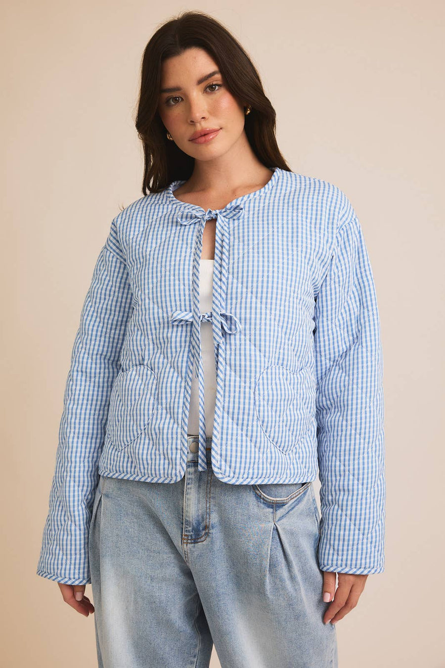 “Quinn” Tie Gingham Quilt Jacket Blue Willow Collection