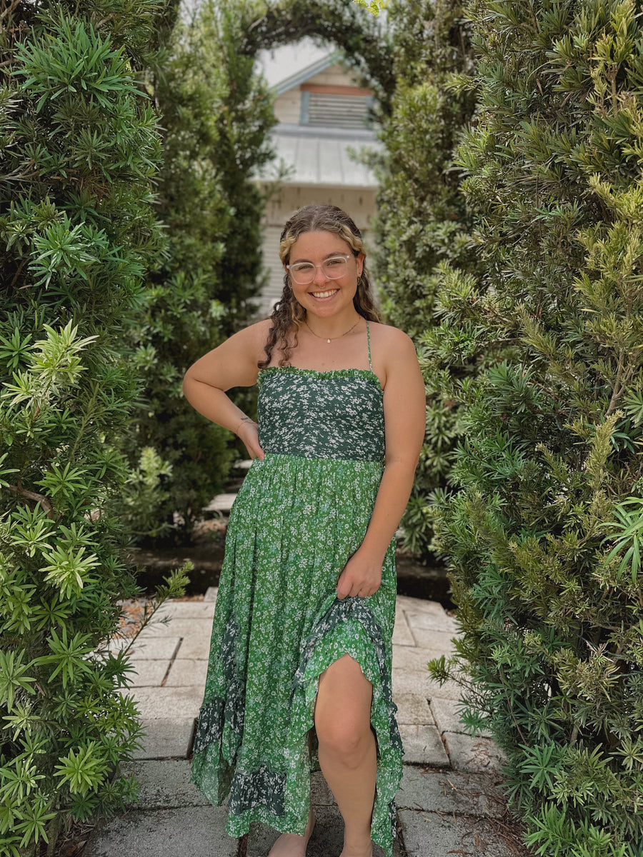 “Deeane” Green Floral Ruffle Dress