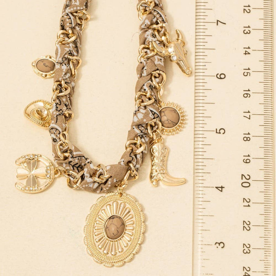 Western Stone Concho Charm Chain Braided Necklace