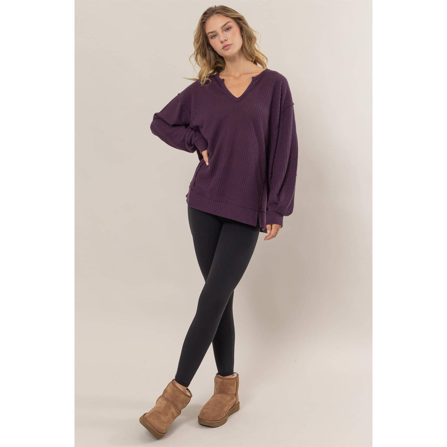 “Annie”-Brushed Waffle Notch Neck Top