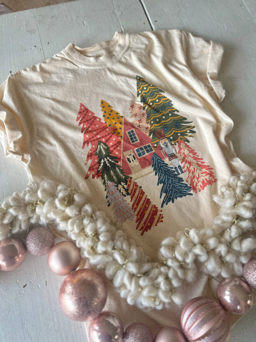 Christmas Nutcracker Cabin In Trees Graphic Tee