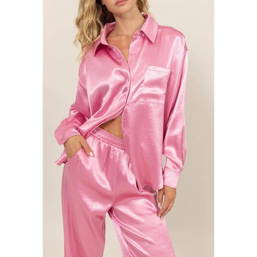 “Jessie” Button Up Satin Shirt and Pants Set Pink