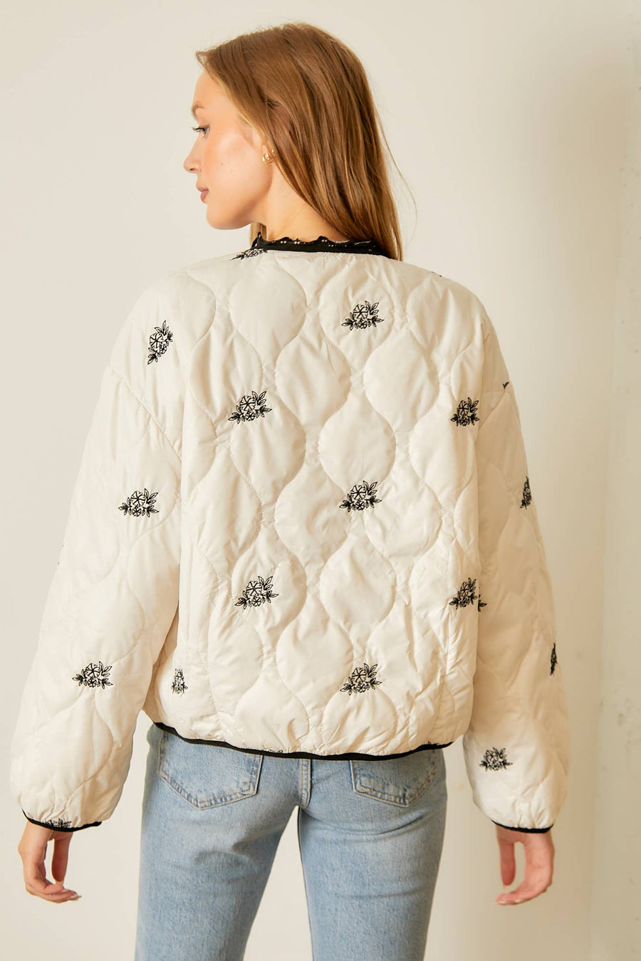 “Jacklyn” Floral Embroidered Quilted Puffer Jacket