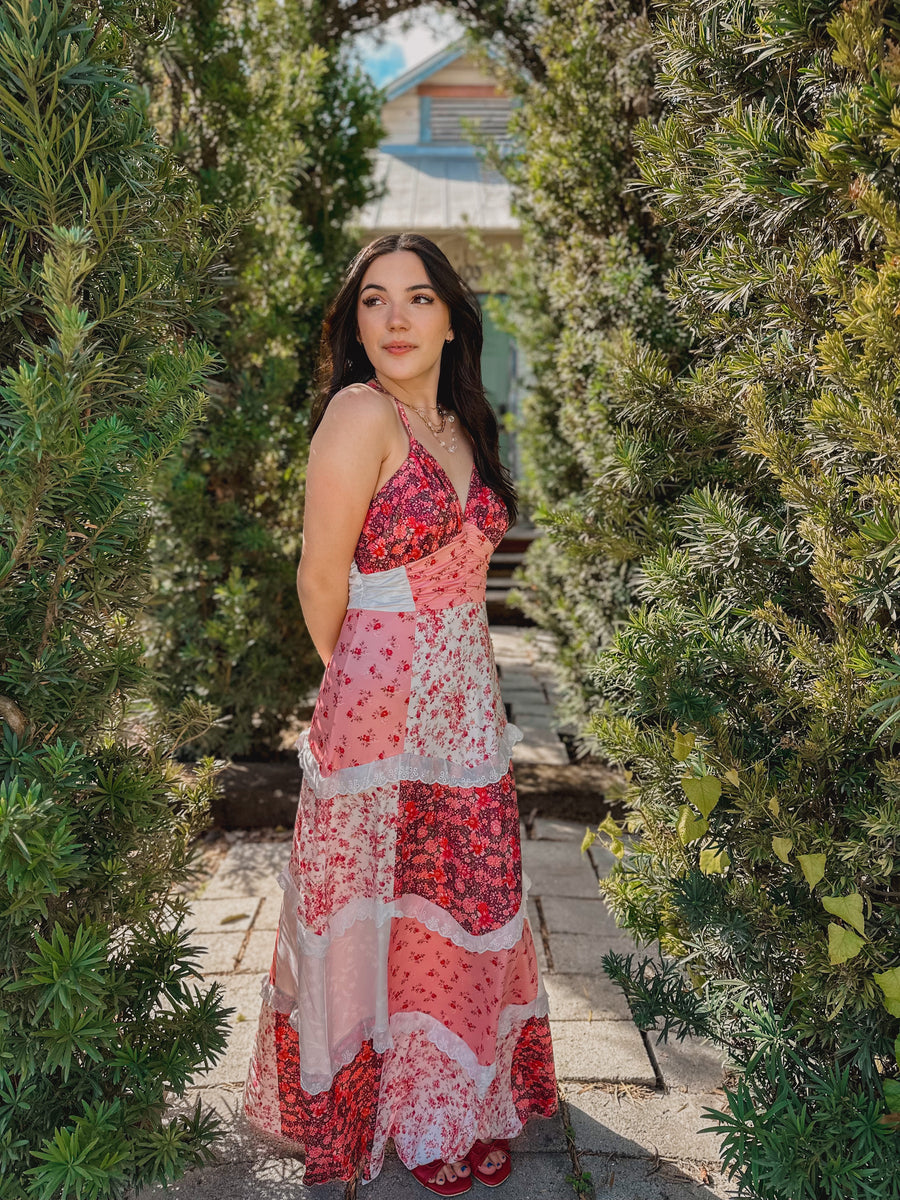 “Lacie” Cottagecore Patchwork Tiered Floral Maxi Dress in pink
