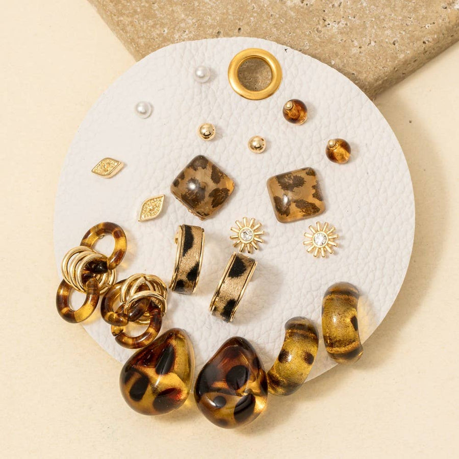 Leopard Acrylic And Pearl Mixed Earrings Set