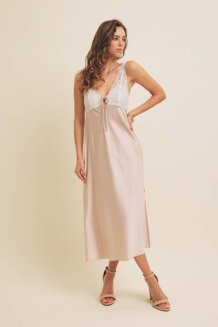 “Freya” Satin Effect Lace Slip Dress With Side Slit and  Front Bow