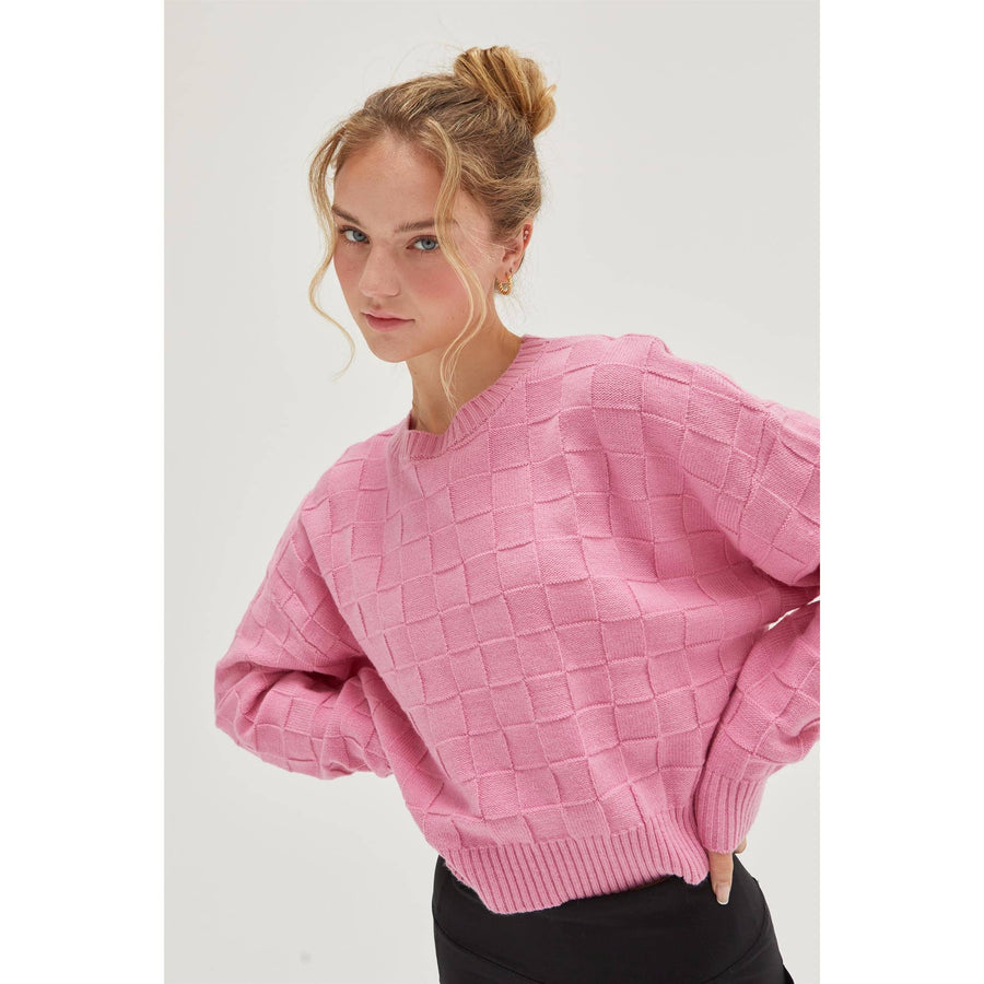 “Delaney” Pink Long Sleeve Square Texture Sweater