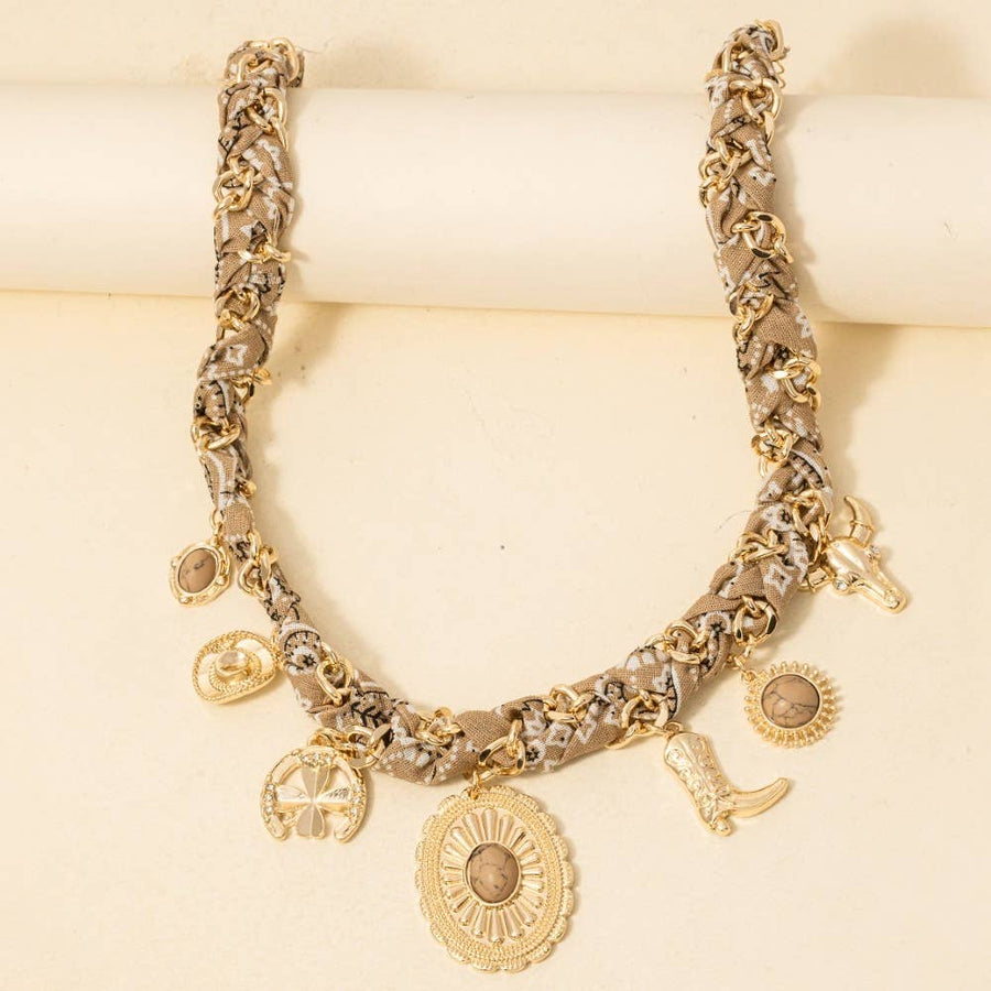 Western Stone Concho Charm Chain Braided Necklace