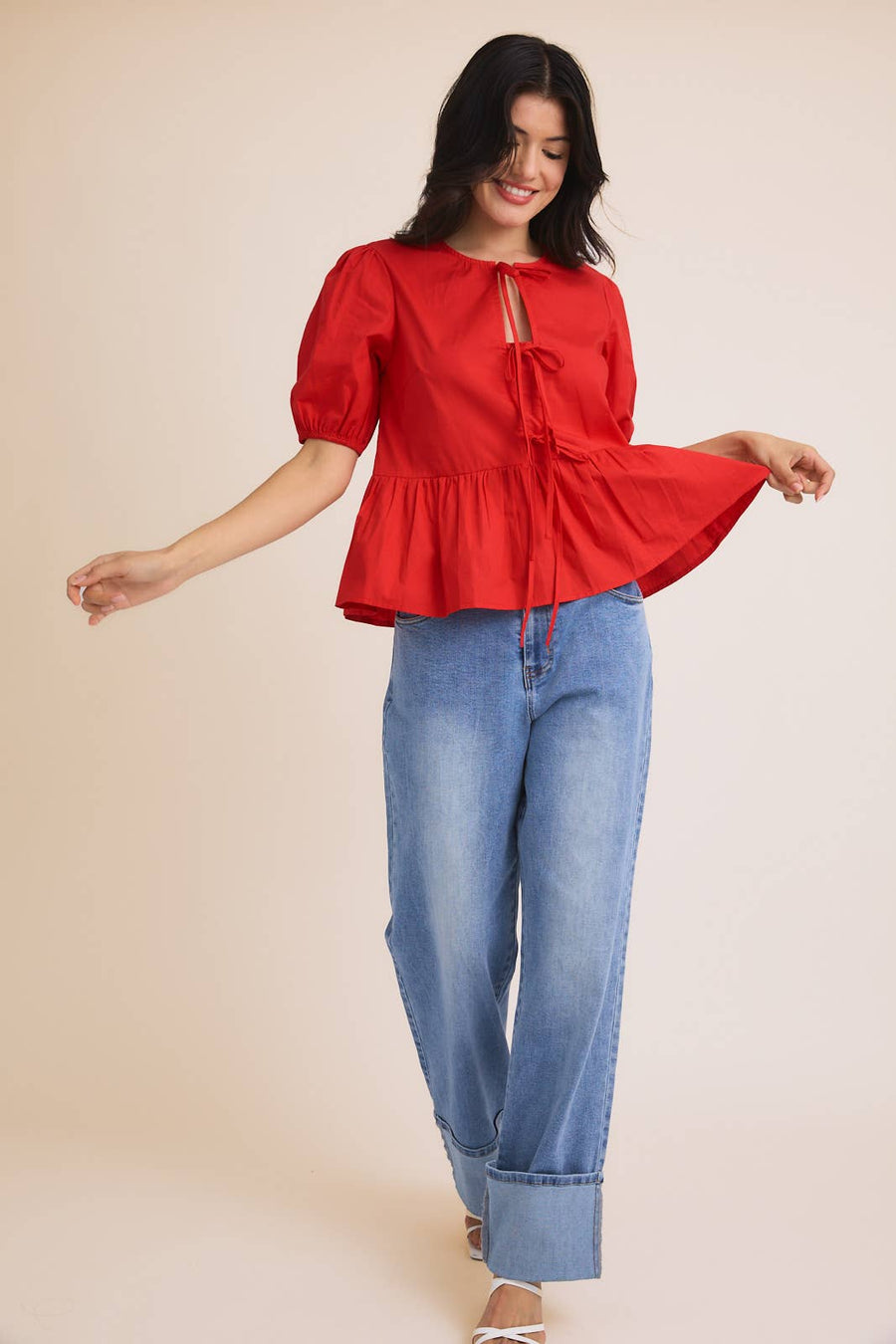 “Darla” Front Ties Puff Half Sleeve Blouse