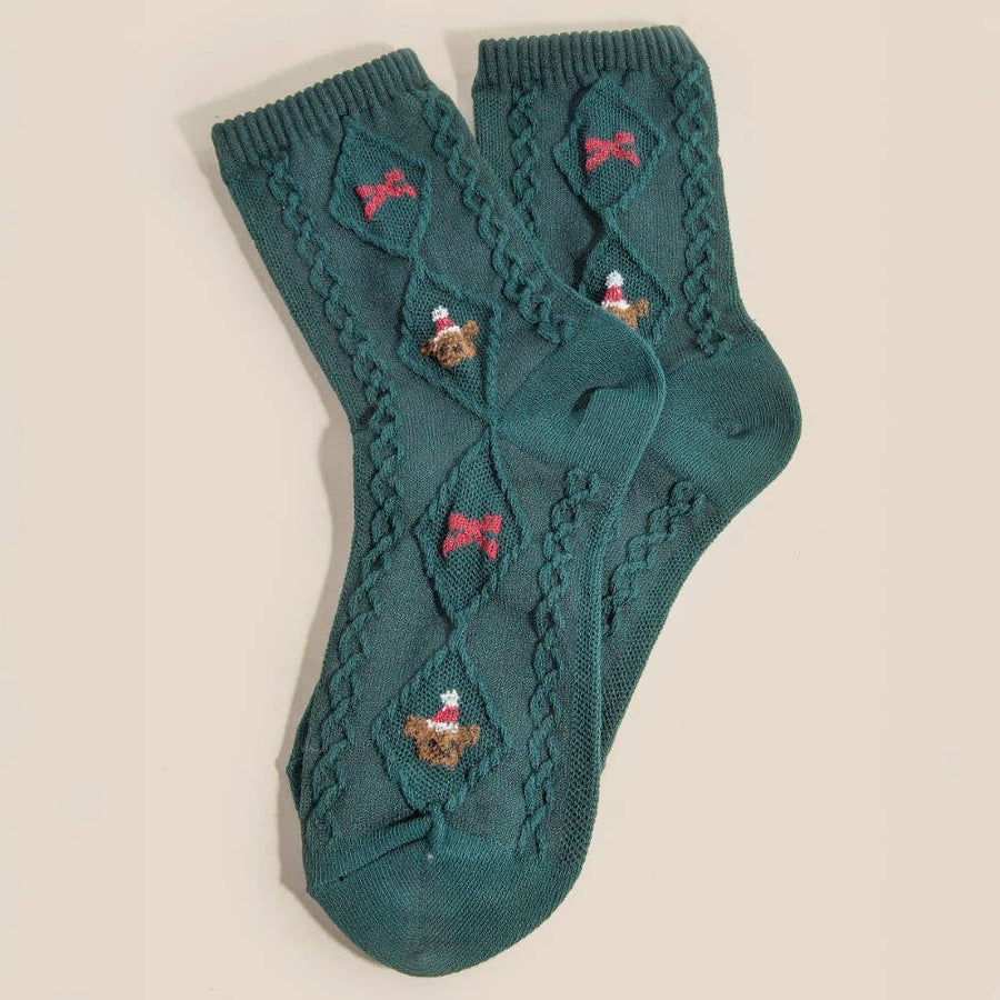 Embroidered Christmas Teddy Bear Socks