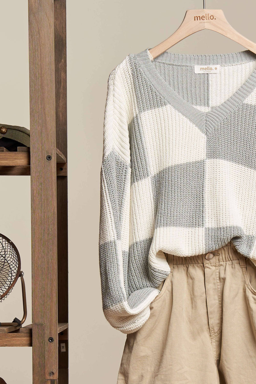 “Cheyenne” V-Neck Checkered Knit Sweater