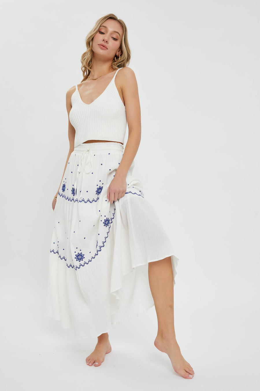 “Emilie” Embroidered Flowers Flowy Maxi Skirt Blue Willow Collection