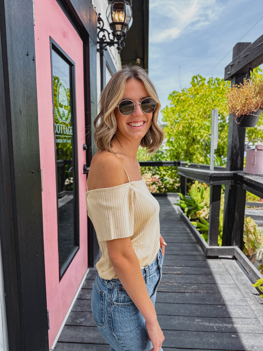 “Regan” Off The Shoulder Ribbed Top With Tie