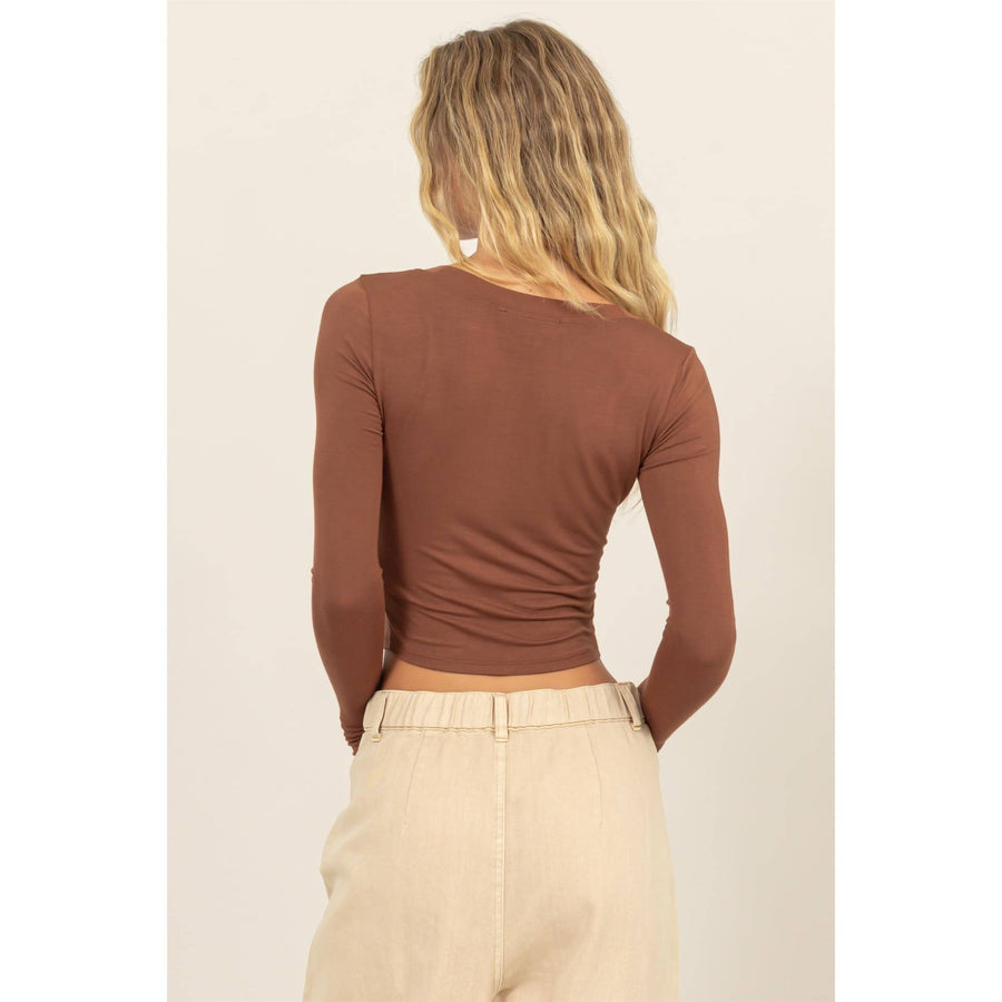 “Diana” Cropped Scoop Neck Long Sleeve Top In Brown