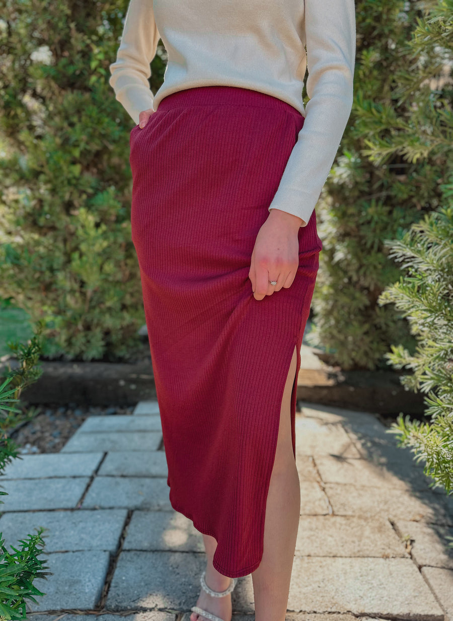 “James” Elastic Waist Band Side Slit Rib Midi Skirt