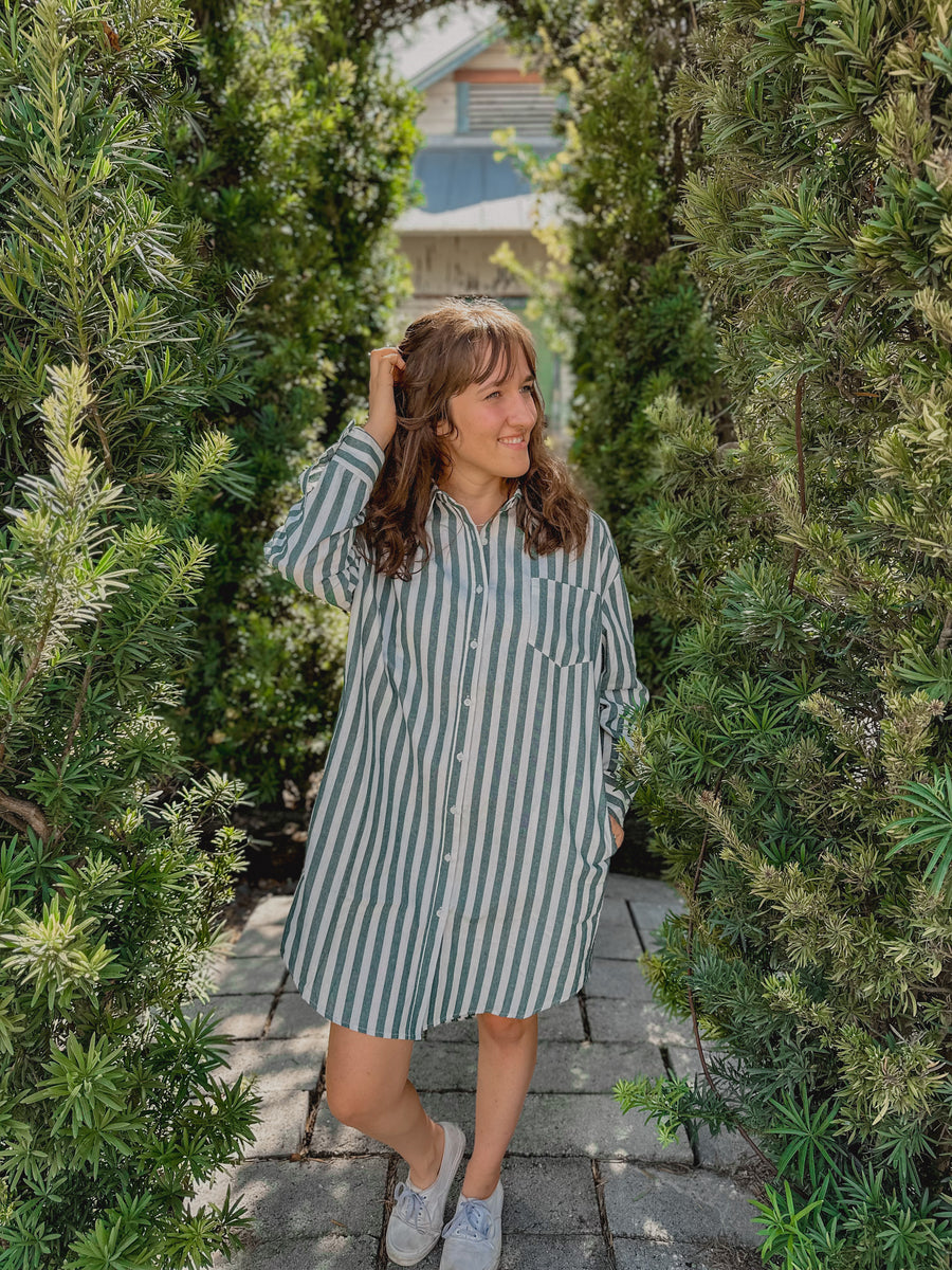 “Alana” Striped Green & White Dress