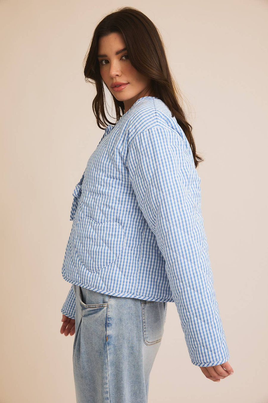 “Quinn” Tie Gingham Quilt Jacket Blue Willow Collection