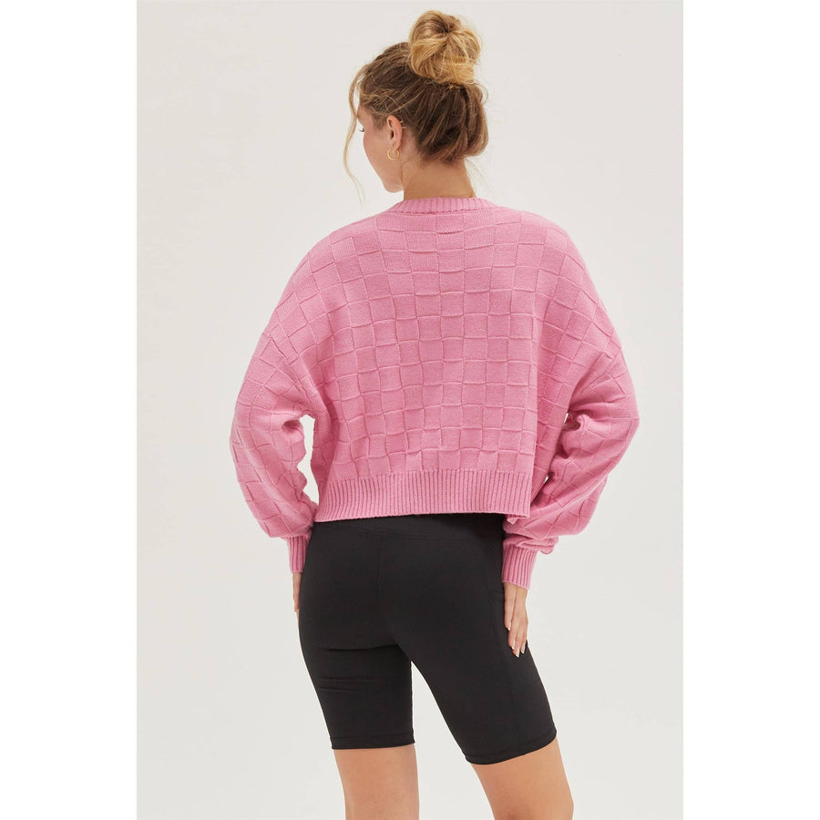 “Delaney” Pink Long Sleeve Square Texture Sweater