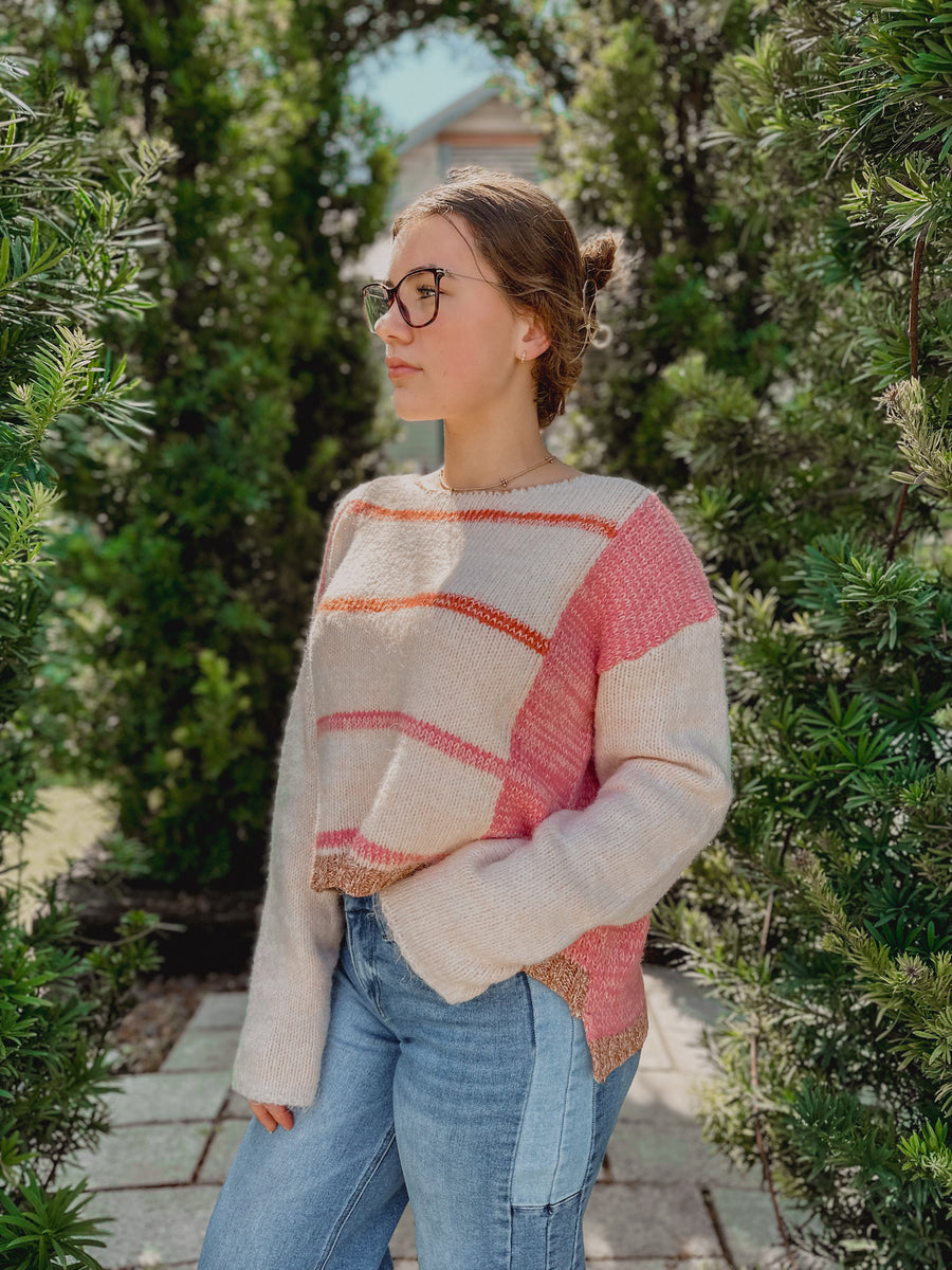 “Mona” Pink and White Knit Stripe Pullover Sweater