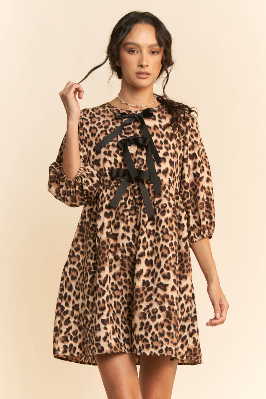 “Brynn” Front Ribbon Tie Up Leopard Printed Mini Dress