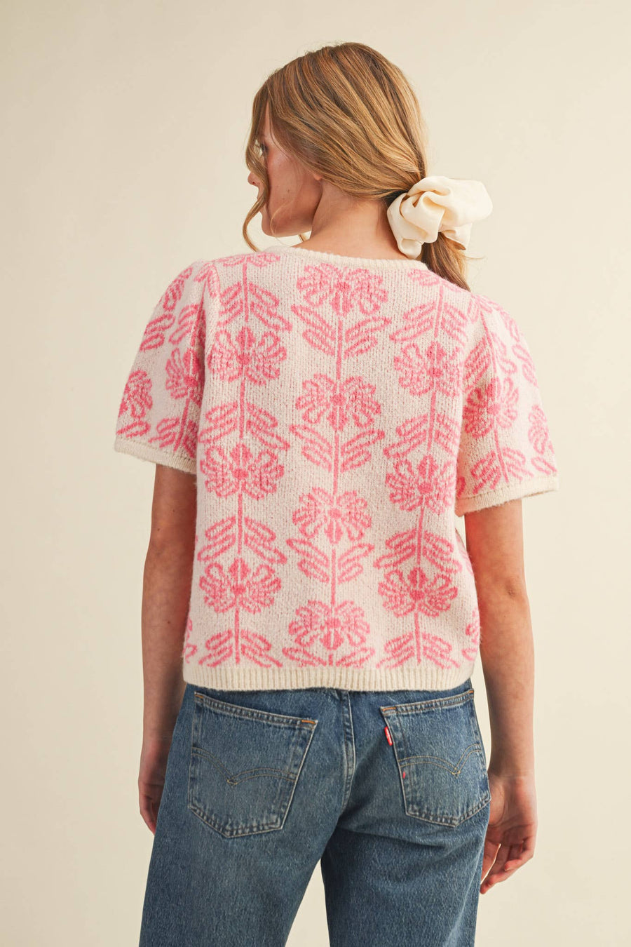 “Casey” Floral Knit Short Sleeve Sweater Cardigan