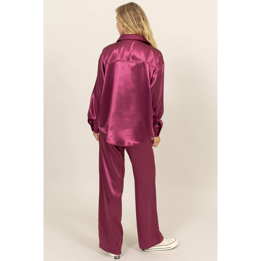 “Jessie” Sangria Lounge Button Up Satin Set