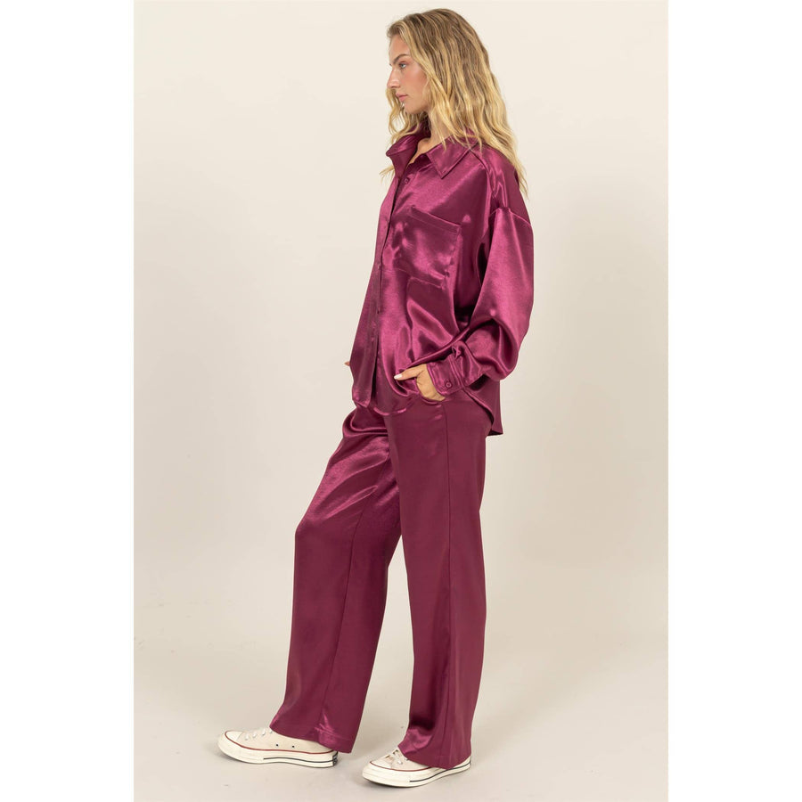 “Jessie” Sangria Lounge Button Up Satin Set