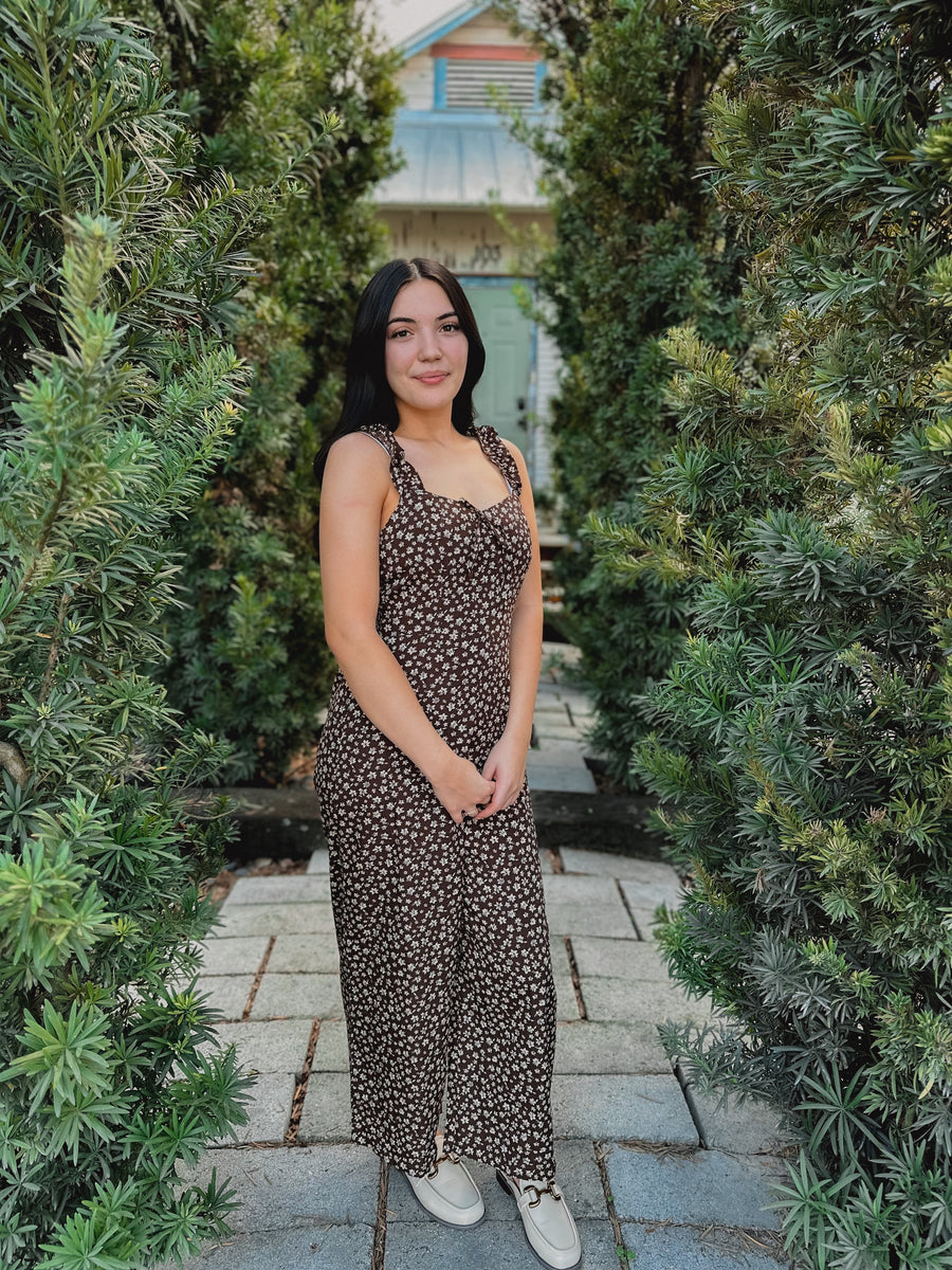 “Brandi” Brown Floral Jumpsuit Tank