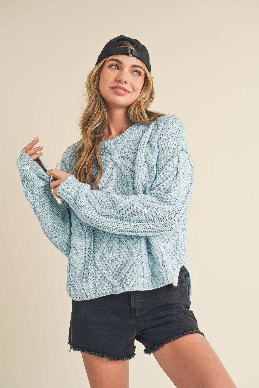 “Adela” Ice Blue Cable Knit Sweater