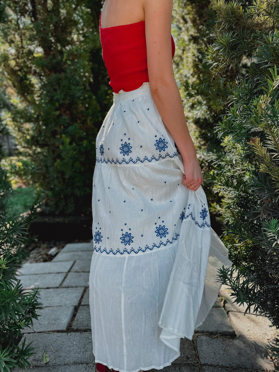 “Emilie” Embroidered Flowers Flowy Maxi Skirt Blue Willow Collection