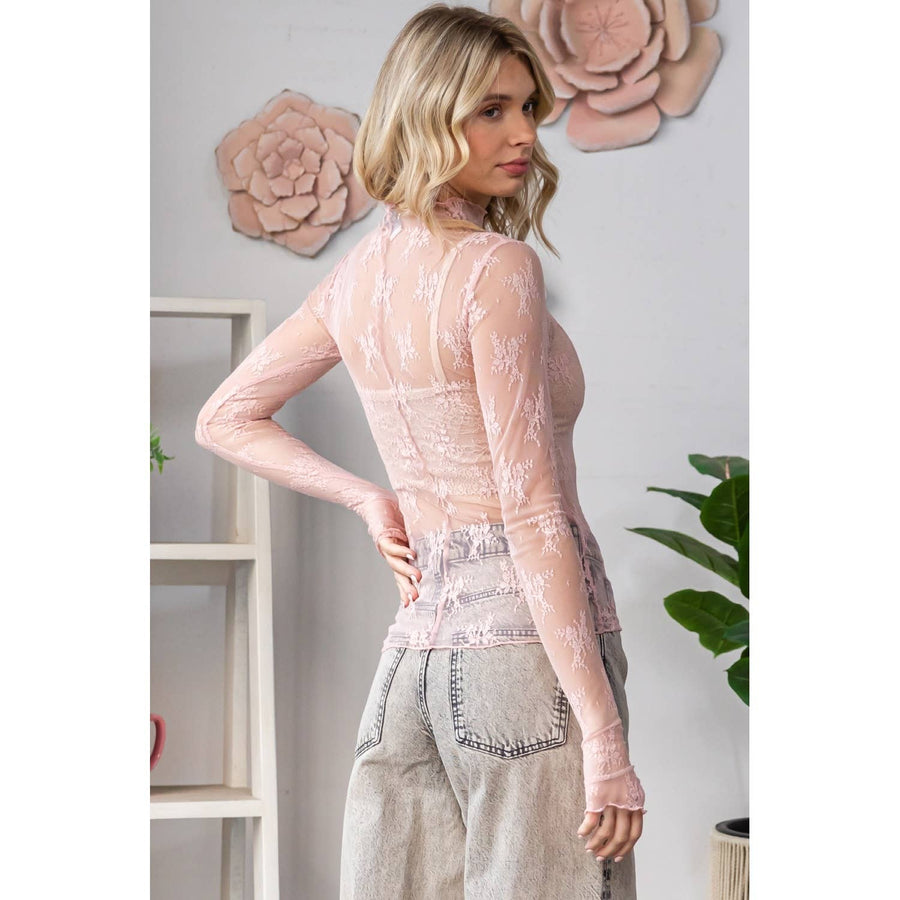 “Fawn” Floral Lace Sheer Mesh Layering Top In Pink