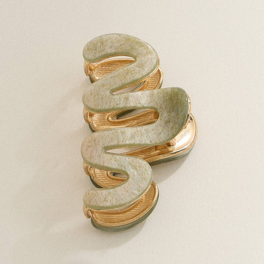 Green Wavy Matte Claw Clip with Gold Accents