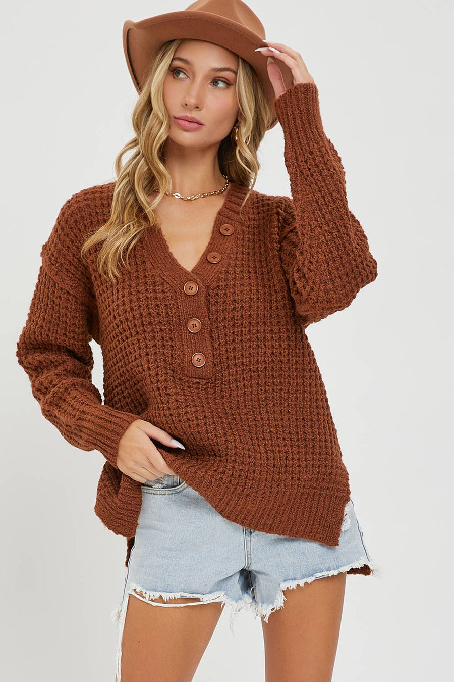 “Maeve” Chunky Knit Rust High Low Sweater