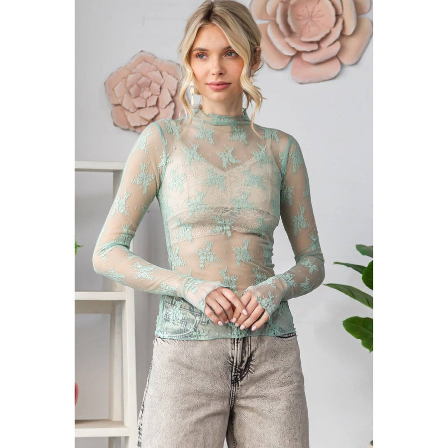 “Fawn” Floral Lace Sheer Mesh Layering Top In Sage