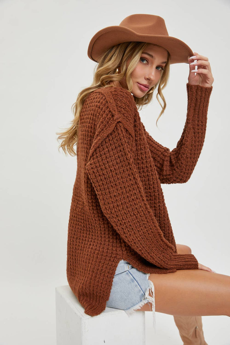 “Maeve” Chunky Knit Rust High Low Sweater