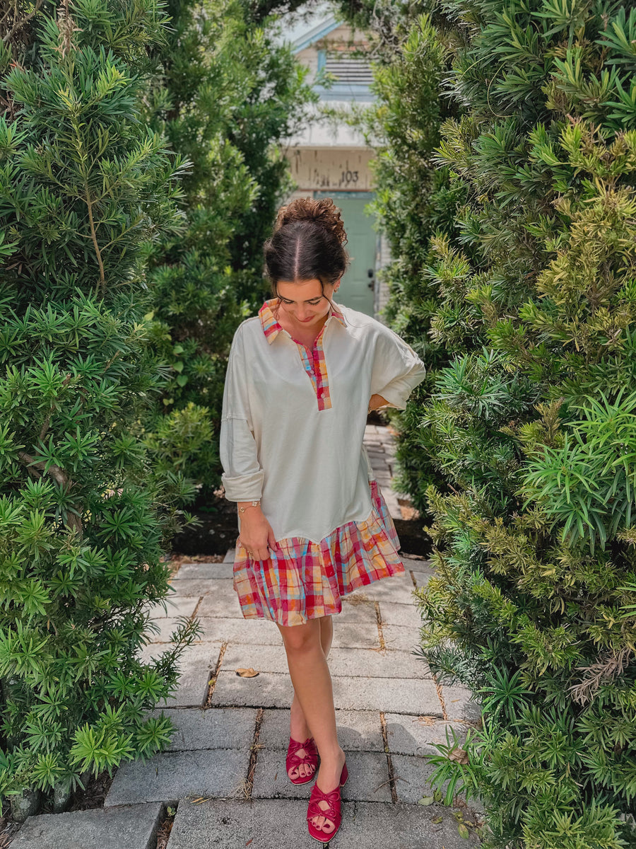 “Henely” French Terry Plaid Contrast Dress